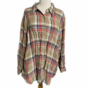Jones NY Sport 2X‎ Plus-size tan + blue plaid linen button down top